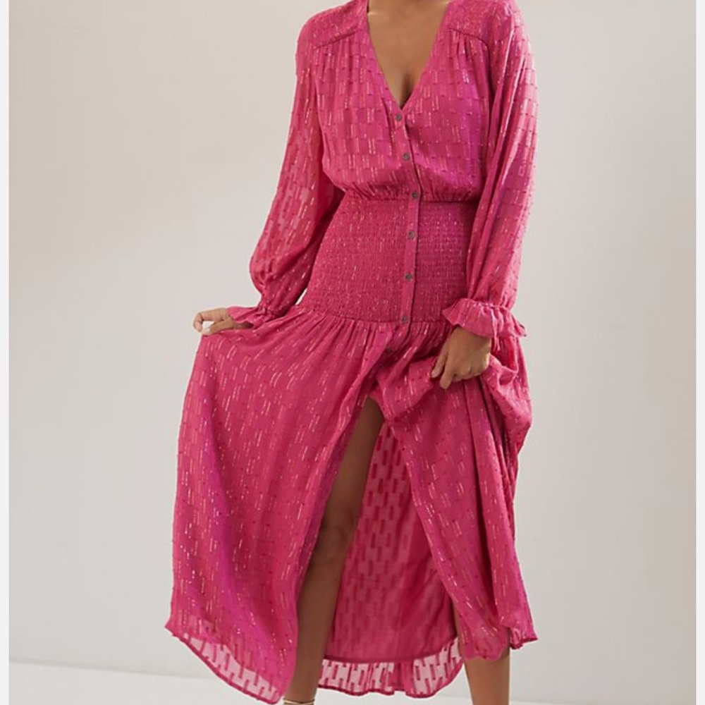 Anthropologie smoked pink / gold thread maxi dress size S